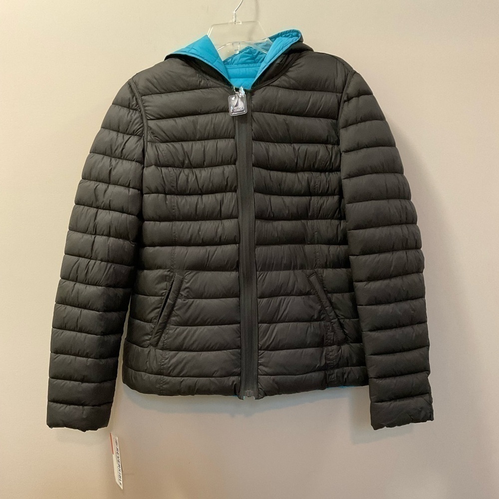 Nautica Black Blue Reversible Packable Lightweight Hooded Puffer Jacket Size L